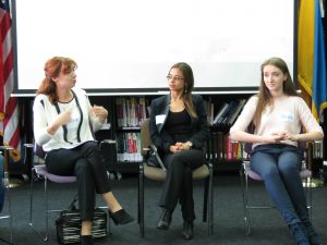 Olesya Shambur '96, Nataliya Bugayova '05, Halyna Vorona '11 answering questions from guests