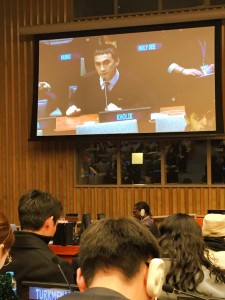 Kholmati Kholik is addressing the issues of migration during the Youth ECOSOC Forum in UN Headquarters